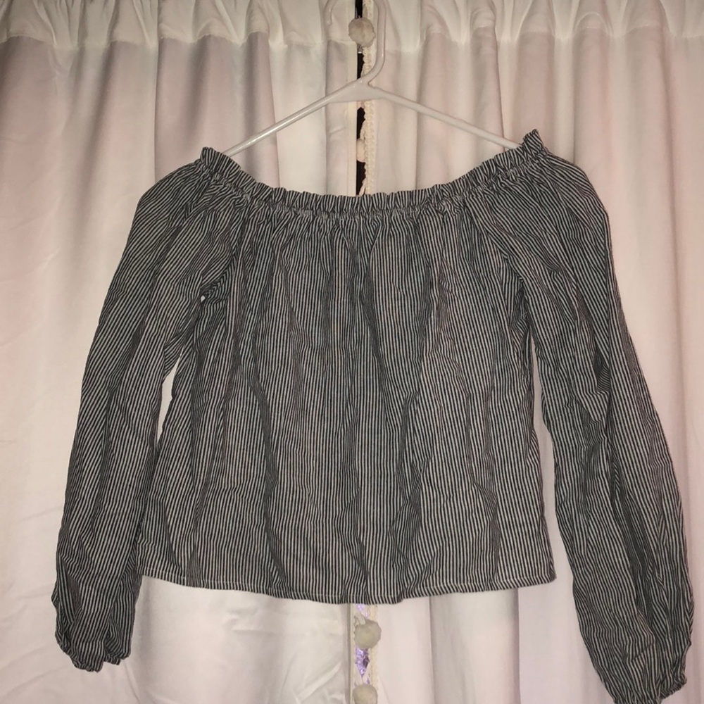 blue and white striped off the shoulder top